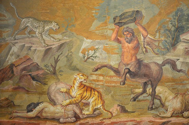 Mosaic: Pair of Centaurs Fighting Cats of Prey from Hadrian's Villa, c. 130 AD, Altes Museum Berlin