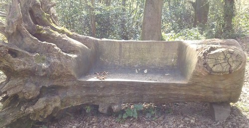 'Tim Calcutt 1933 - 2009' Carved wooden bench in woodland