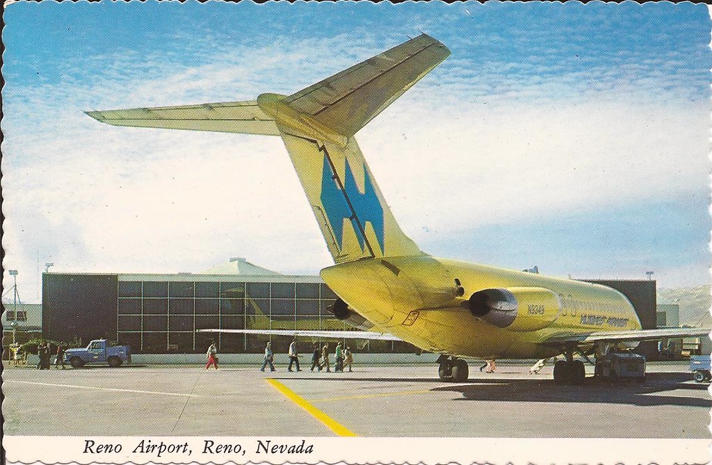 Reno Cannon International Airport (RNO) postcard - circa 1970's.  Passengers board a Hughes Airwest DC-9.