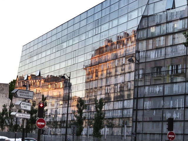 Old reflected in modern buildings, Boulevard du Montparnasse - Explored