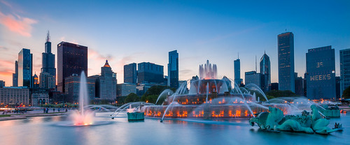 park longexposure sunset chicago fountain skyline cityscape