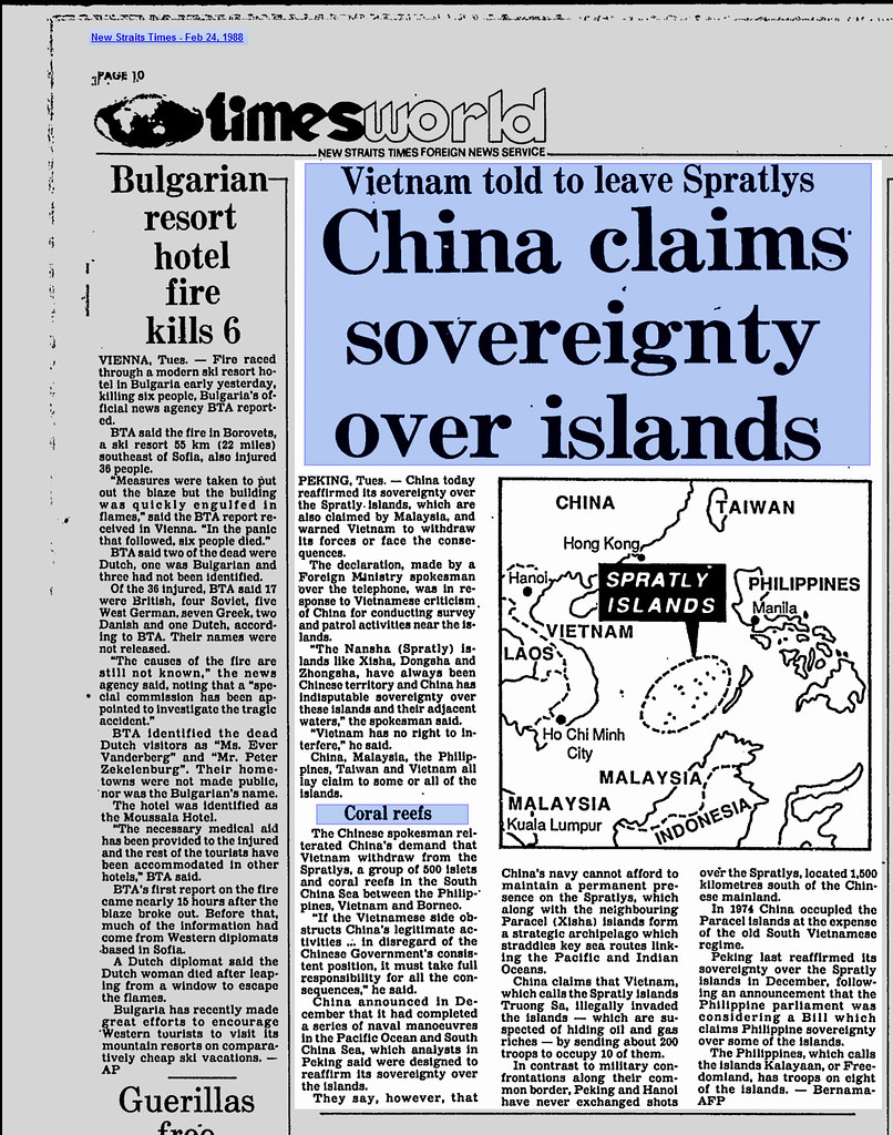 China claims sovereignty over islands - New Straits Times - Feb 24, 1988