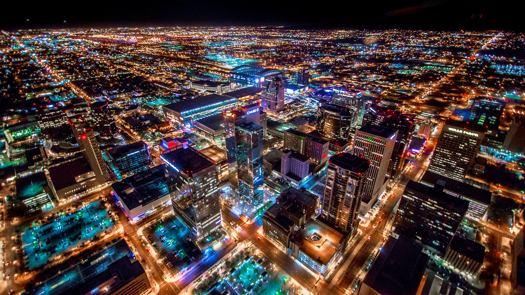 Phoenix Arizona Downtown Night Aerial Photo from Helicopter