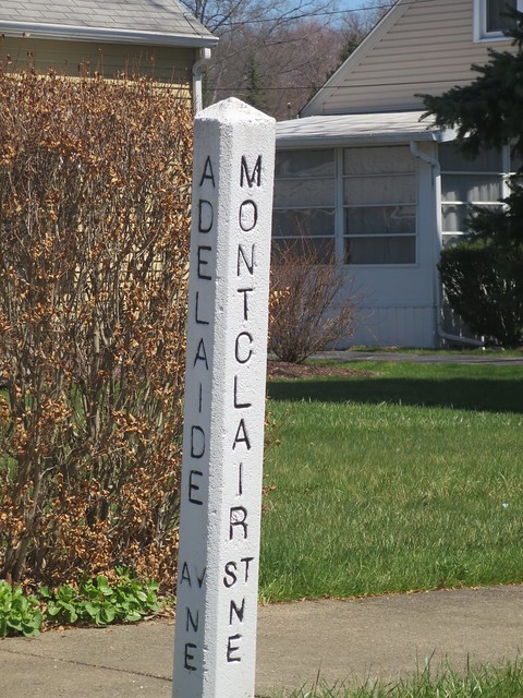 Old concrete obelisk street sign, Montclair and Adelaide, Warren, OH