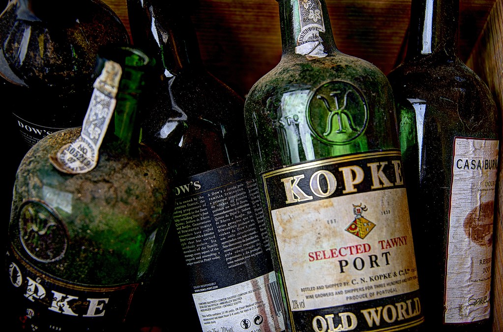 Porto - Old port bottles outside Rua São João 111 - Kopke Port