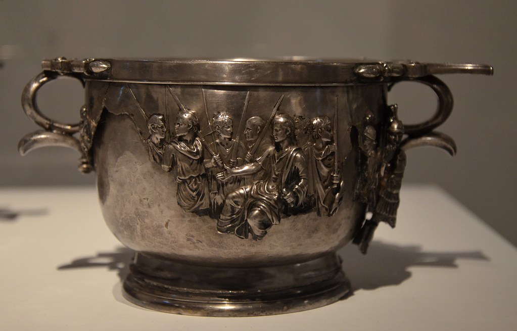 Skyphos from the Boscoreale Treasure depicting Augustus receiving the obeisance of vanquished Barbarians and personifications of subdued provinces, late 1st century BC - early 1st century AD, Moi, Auguste, Empereur de Rome exhibition, Grand Pal