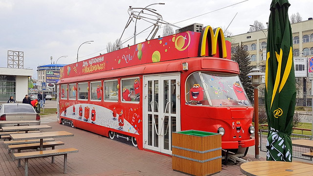Old Tatra tram as playground at McDonald's in Kiev, Ukraine
