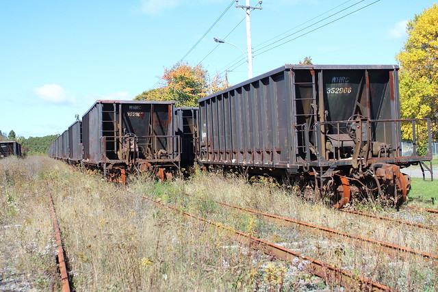Hantsport Nova Scotia - gypsom carrier cars now parked and rusting following plant closure.