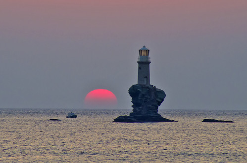 morning sea sun lighthouse rock sunrise dawn boat fishing rocks andros aegeansea pentak30