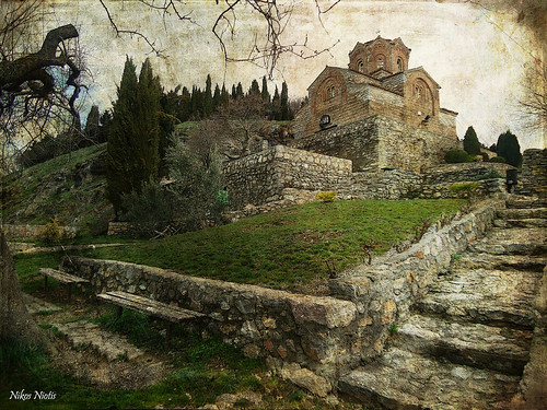 trees texture church monument grass stone architecture stairs landscape temple countryside view branches medieval christian macedonia ohrid tradition orthodox byzantine fyrom kaneo stjonh