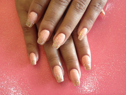 Acrylics nails with peach gel polish and glitter fade | Flickr