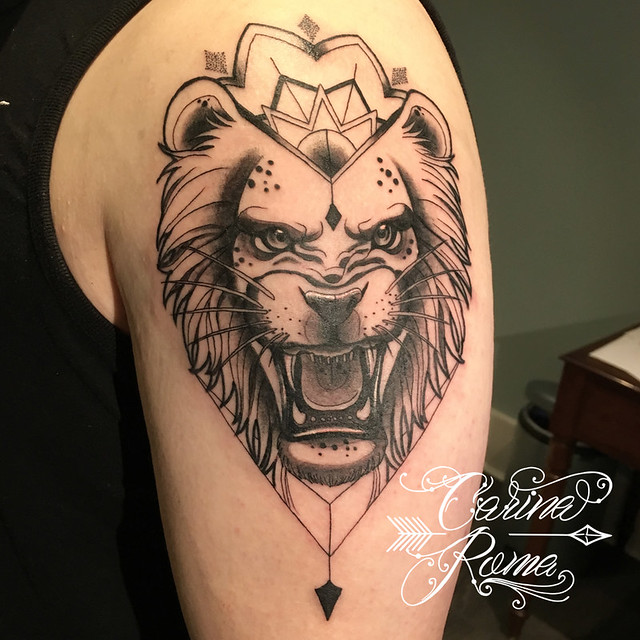 Neo-traditional lion with geometry tattoo | ©Carina Roma Cus… | Flickr