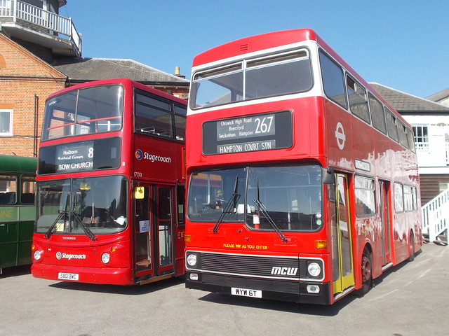 London buses of the 2000s and 1970s meet at Brooklands