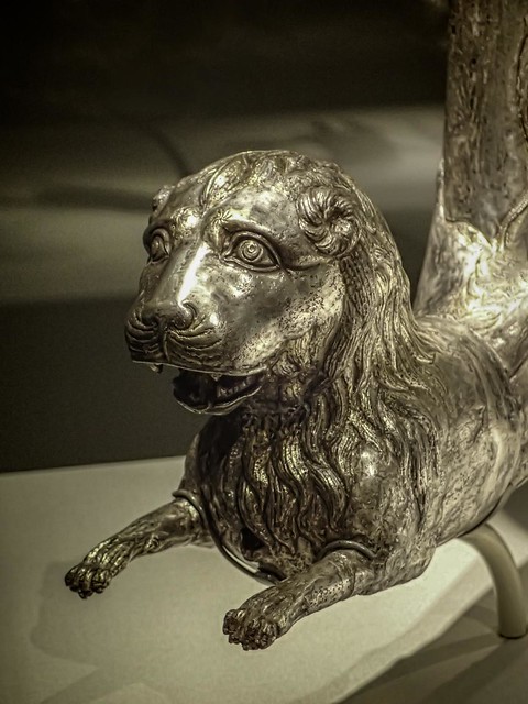 Closeup of a Parthian Wine Horn with Lion Protome Iran 1st century BCE - 1st century CE Silver and Gilt
