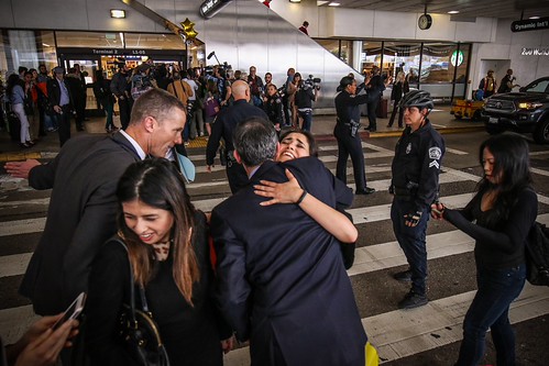 Mayor Garcetti welcomes Mr. Vayeghan at LAX. He is the first person subjected to the President's travel ban who was able to return to America as the result of a recent court order | by 42nd Mayor of Los Angeles