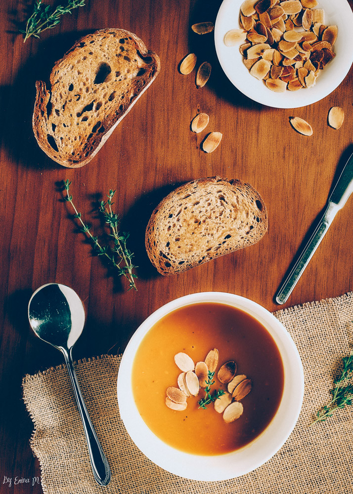 pumpkin soup with almond topping and rye bread