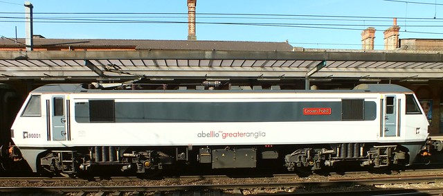 Abellio Greater Anglia, Class 90, 90001 'Crown Point' pauses at Ipswich, at the head of a Norwich - London Liverpool Street Service. 17 07 2014