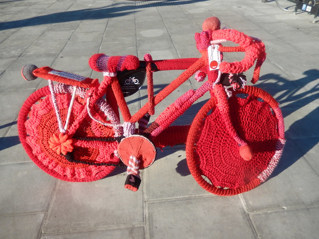Knitted bicycle for Red Nose Day
