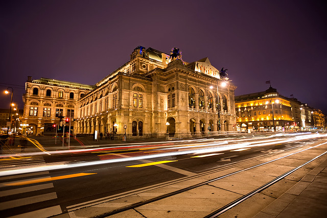 Vienna State Opera at night, Austria.