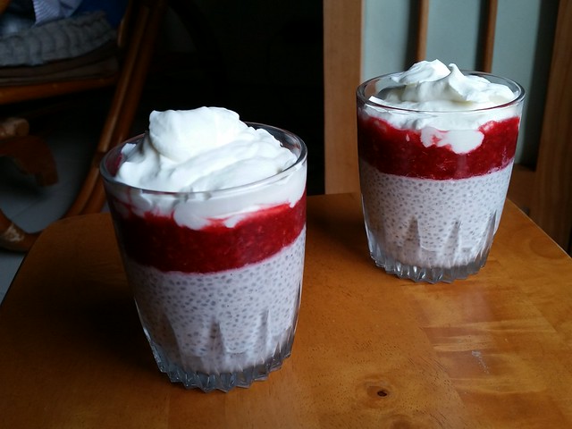 Chia pudding with raspberries and whipped cream