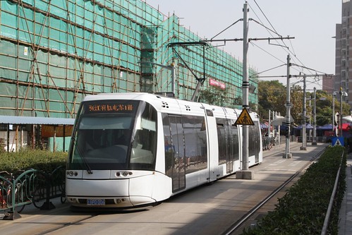 Rubber tired tram departs the terminus at Zhangjiang Hi-Tech Park Station