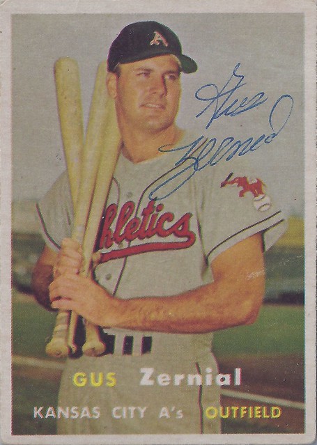 1957 Topps - Gus Zernial #253 (Outfielder) (b: 27 Jun 1923 - d: 20 Jan 2011 at age 87) - Autographed Baseball Card (Kansas City A's)
