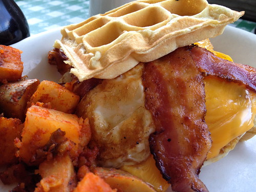 food breakfast bacon brunch friedegg waffle breakfastsandwich homefries sunsetgrill