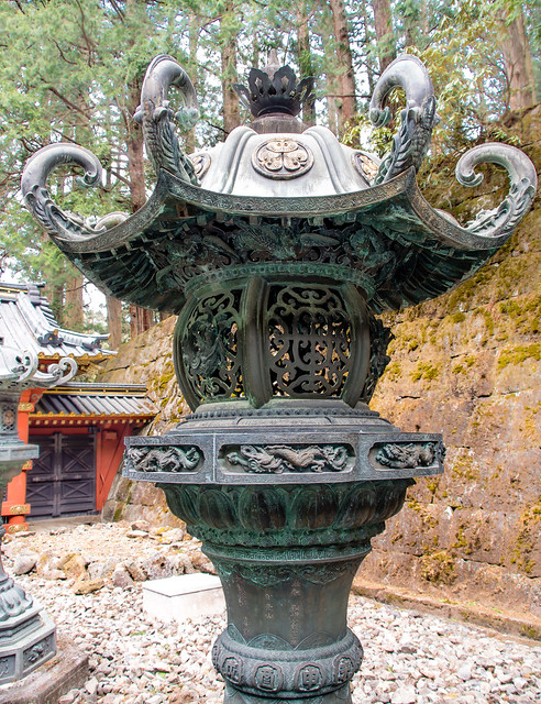 A magnificent bronze lantern at the Futurasan complex of Shinto temples in Japan