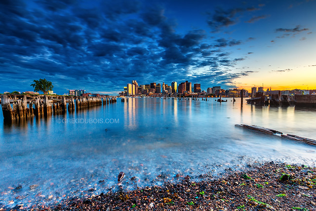 Clouds Clearing to Sea over Boston Skyline and Harbor during Blue Hour, Carlton's Wharf East Boston
