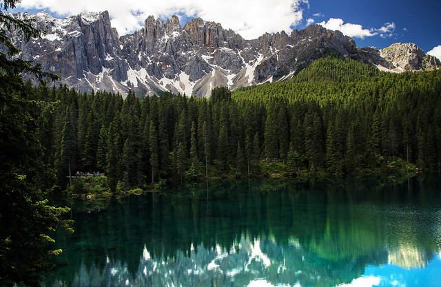 Reflections on Lake Carezza, Dolomites, Italy