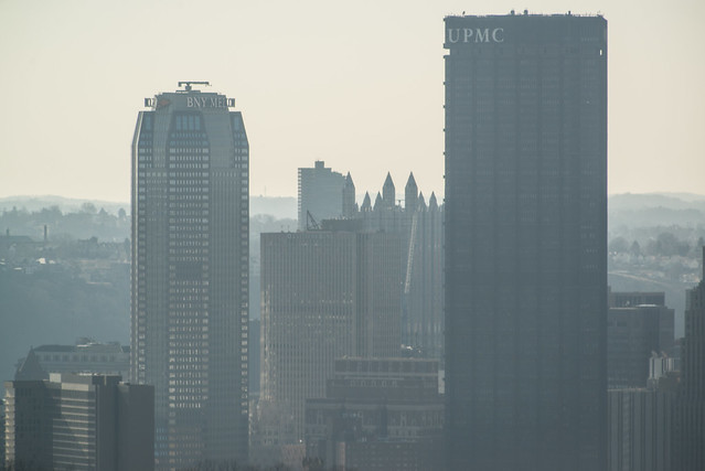 A view of the Pittsburgh skyline on a hazy afternoon from the Cathedral of Learning