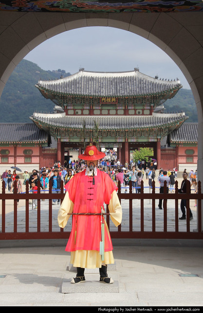 Palace guard in front of Gwanghwamun, Gyeongbokgung Palace, Seoul, South Korea