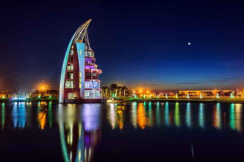 exploration tower port canaveral cape nasa kennedy space center cruise ship visitor observation deck florida coast rocket launch beach atlantic ocean long exposure moon reflection brevard county sunset sony dscrx100 rx100