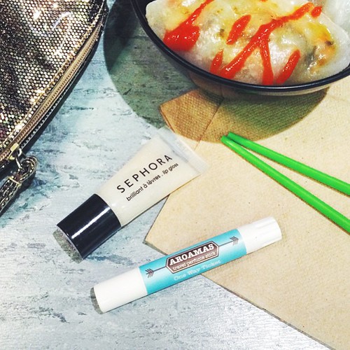 After meeting, before event quick stop for dumplings w an @aroamas stick perfume and @sephora gloss tart up (and a breath strip or two because dumplings...) | by 84thand3rd