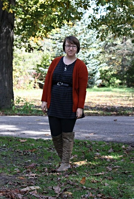 orange cardi, striped tunic, leggings, over the knee boots… | Flickr