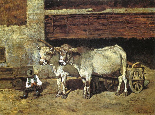 Guglielmo Ciardi (1842-1917) - Buoi al carro con contadino