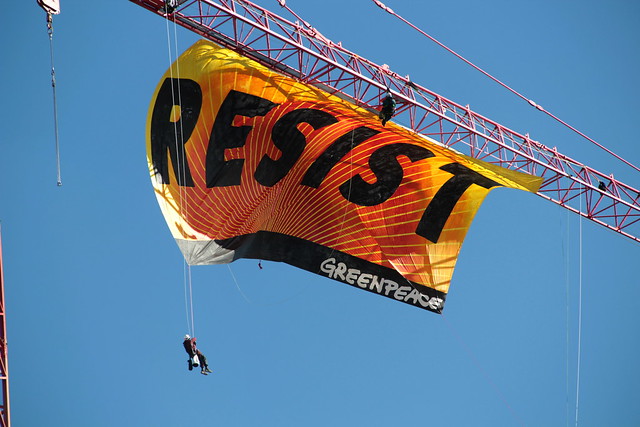 RESIST Trump Greenpeace Banner on DC Crane 04