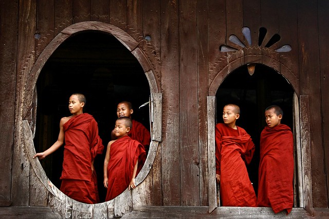 Buddhist novices in a temple, Myanmar