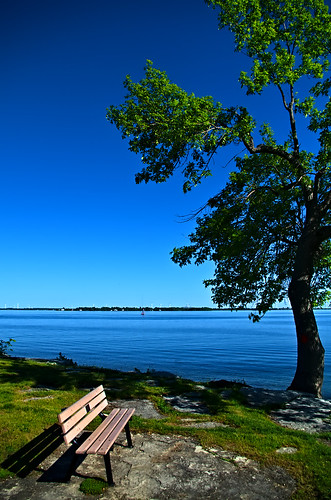 sky water lake island trees sailboat bench kingston ontario pentaxart cc0 darktable