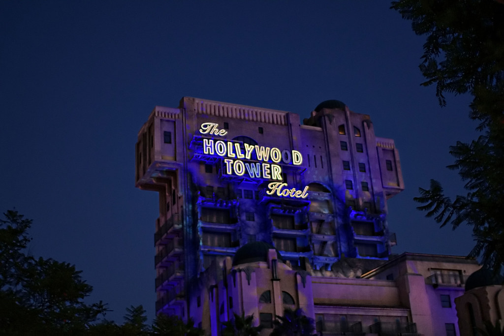 Disney - The Hollywood Tower Hotel at Night by Express Monorail