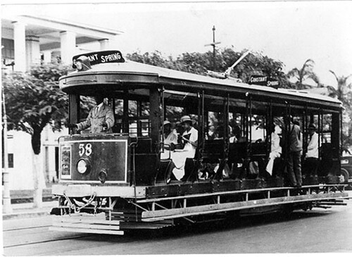 The Constant Spring Tramcar, going up King Street, with the Supreme Court on its right, Kingston, Jamaica, [date unknown]