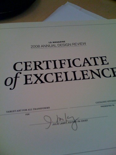 Just handed the 2008 ID magazine annual design review certificate of excellence | by catalyststudios