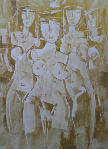 Standing figures in pale gold and white