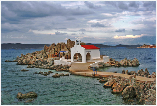 Greece. East Aegean Sea,  Chios island, chapel of  Agios Isidoros in cloudy weather