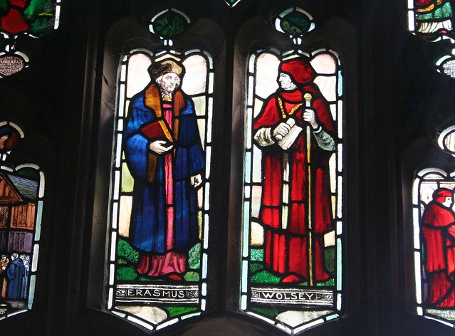 Stained glass window of Erasmus and Wolsey