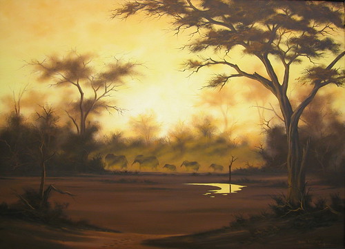 Chobe Sunset L by SEROWE ART STUDIO, Original oil on Canvas.
For more info, detail and all works by the Artist see:
<a href="http://www.