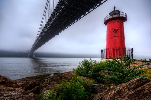 park nyc newyorkcity bridge red lighthouse mist newyork beach fog geotagged newjersey manhattan lane hudsonriver gothamist georgewashington hdr gwb fortlee georgewashingtonbridge riverscape mudpig stevekelley stevenkelley