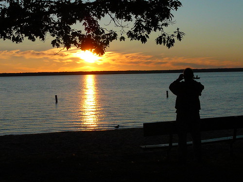 Michigan Trip 2008-7 by krossbow, sunset silhouette bench landscape michigan cadillac lakemitchell lakemitchel