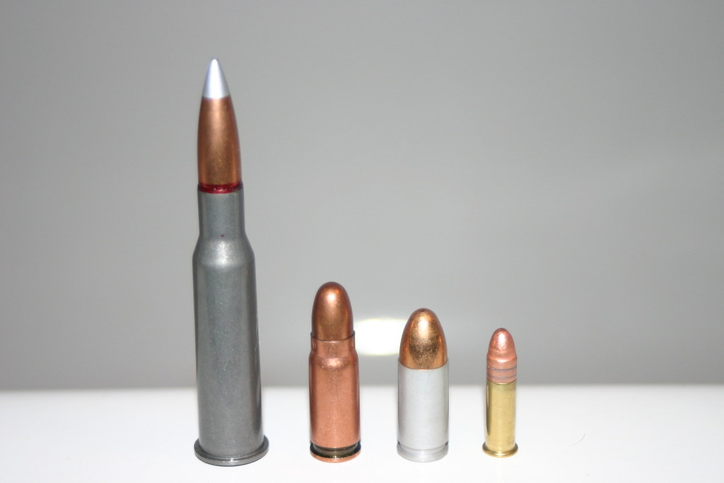 Left to right: 7.62x54R, 7.62x25, 9mm (luger), .22LR Sadly