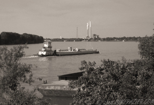 road trip travel blackandwhite bw water monochrome june sepia river landscape scenery commerce technology riverside mechanical kentucky ky ships engineering sunny manipulation roadtrip fair clear equipment business machinery smokestacks commercial transportation infrastructure desaturated riverfront machines traveling powerplant shipping 2008 barge q3 ohioriver apparatus owensboro devices riparian towboat oldified 20080608kentuckyswing totowboats